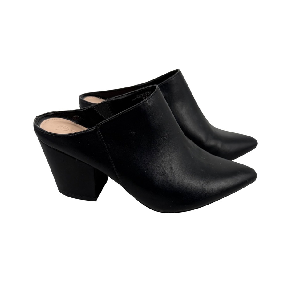 Black Pointed Leather Mule Heels